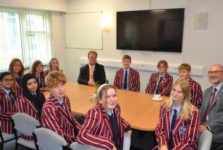 Mike Wood MP with Crestwood School prefects and Headteacher Mr Sutton